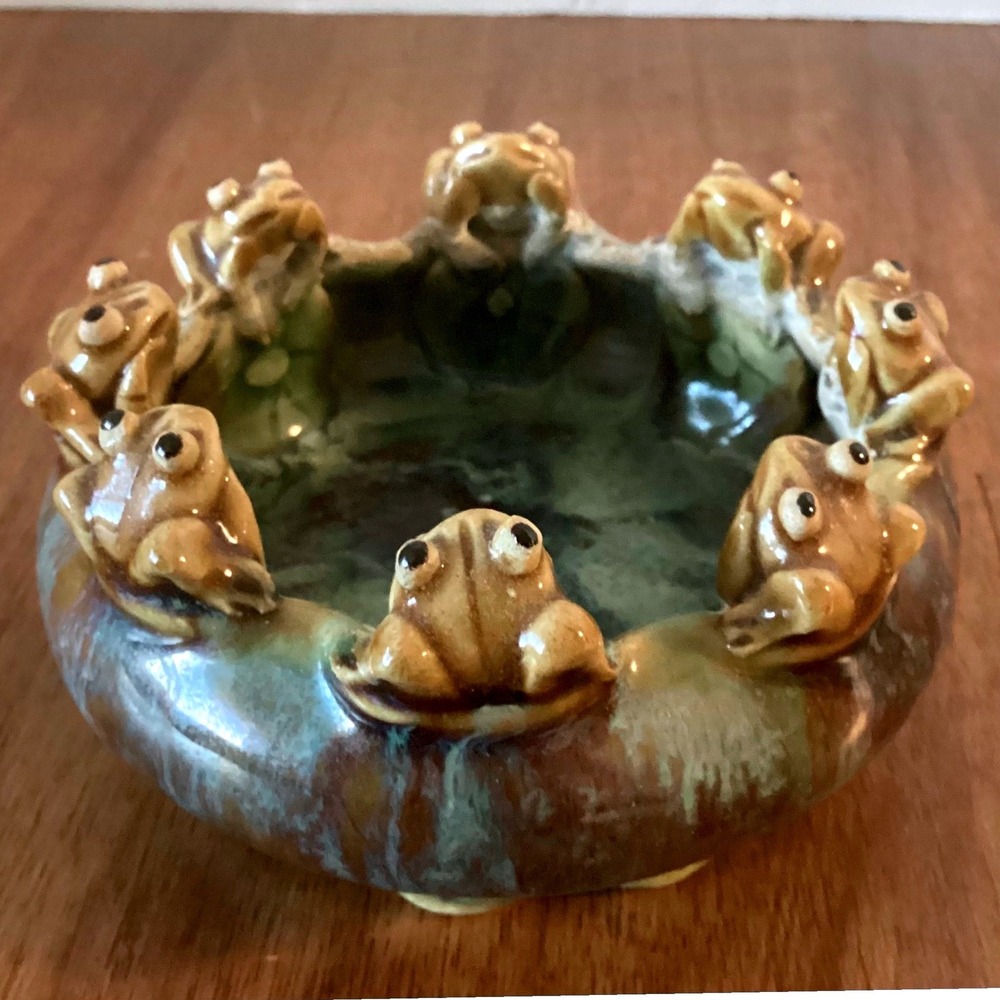 Vintage Majolica Studio Pottery Frog Bowl Planter Green Brown Drip Glaze 4.5"